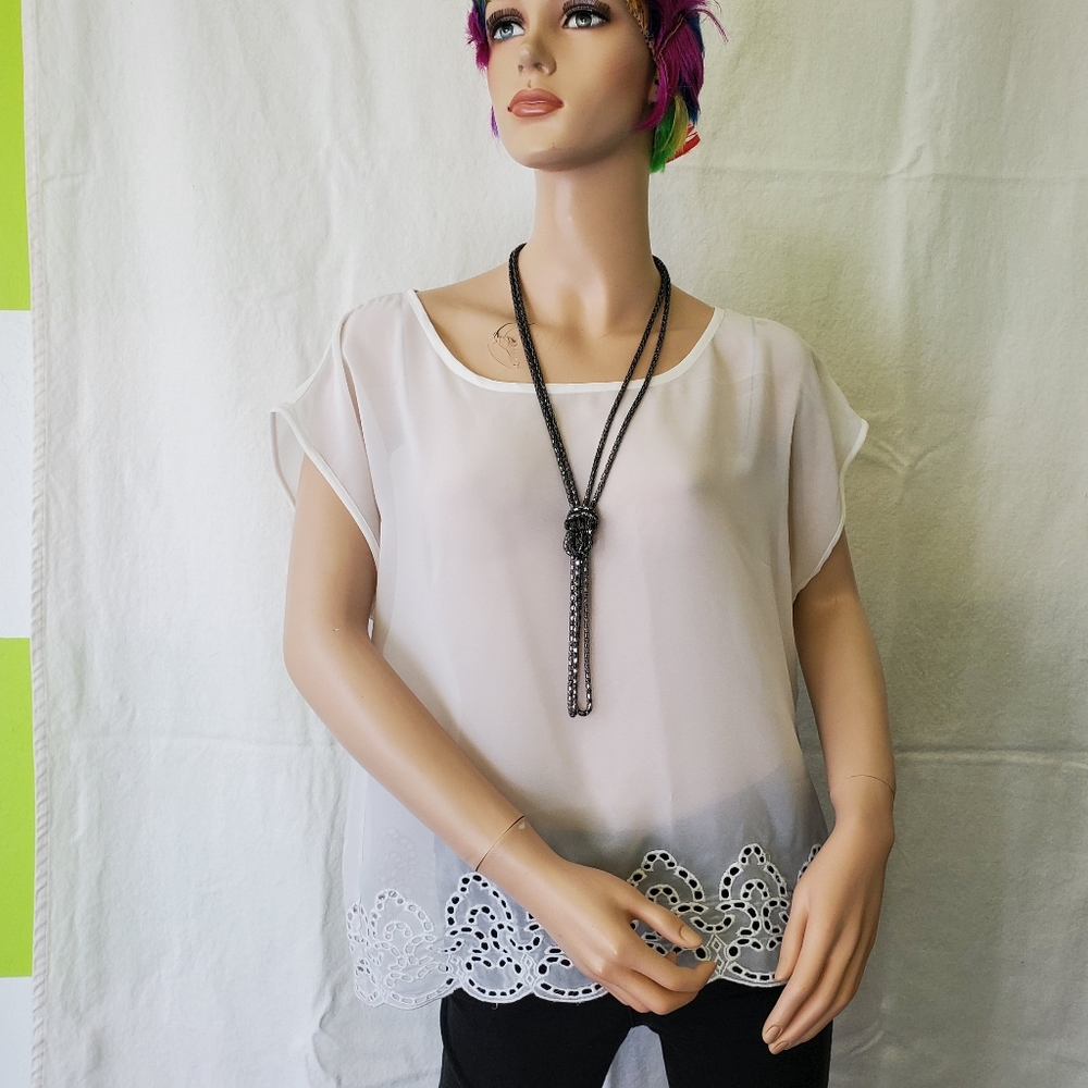 FINAL MARKDOWN- Sheer White Top with Embroidered Hem